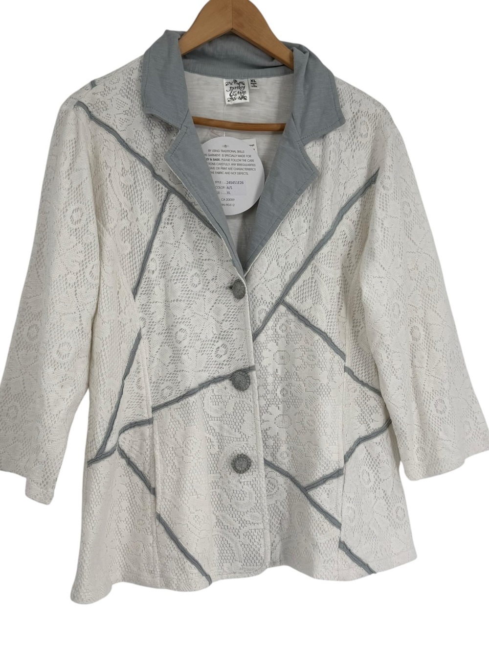 Parsley & Sage NWT Jacket Blazer Women Size XL White Gray Lace 3-button Cotton